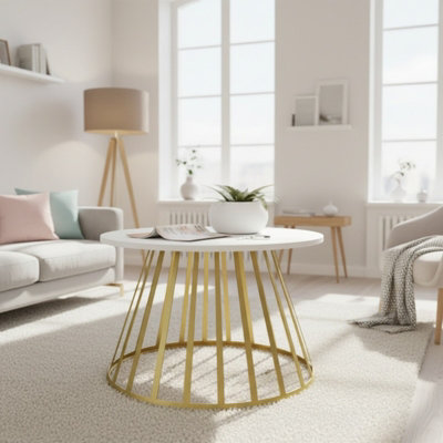  - Mokod Modern Coffee Table With Elegant Gold Metal Frame And Arctic White
