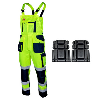 ARTMAS High Visibility Flash Bib Trousers Yellow Black Multi Pockets Reflective Certified With Kneepads 42 44 Inch 60 Eu from B&Q
