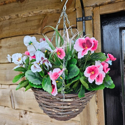 Best Artificial Pink & White Pansy Flower With Woven Decorative Hanging Basket For Indoor Or Outdoor Use from B&Q