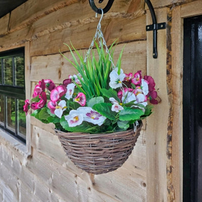 Best Artificial Plum & White Pansy Flower With Decorative Rattan Hanging Basket For Indoor Or Outdoor Use from B&Q