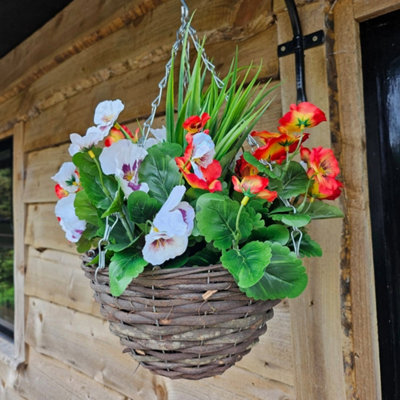 Best Artificial Flame Red & White Pansy Flower With Decorative Rattan Hanging Basket For Indoor Or Outdoor Use from B&Q