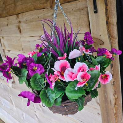 Best Artificial Pink & Purple Pansy Flower With Woven Decorative Hanging Basket For Indoor Or Outdoor Use from B&Q