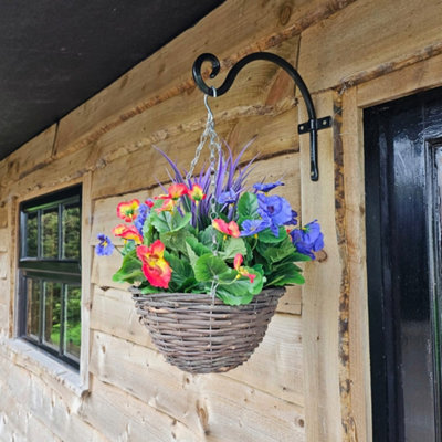 Best Artificial Lilac & Flame Red Pansy Flower With Decorative Rattan Hanging Basket For Indoor Or Outdoor Use from B&Q