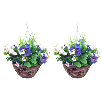 Best Artificial Pair Of 30Cm 10 Inch Lilac & White Pansy Flower With Decorative Rattan Hanging Baskets For Indoor Outdoor Garden Use from B&Q