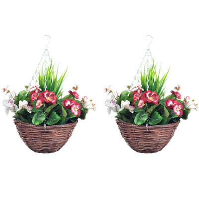 Best Artificial Pair Of 30Cm 10 Inch Plum & White Pansy Flower With Decorative Rattan Hanging Baskets For Indoor Outdoor Garden Use from B&Q