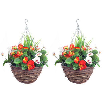 Best Artificial Pair Of 30Cm 10 Inch Flame Red & White Pansy Flower With Rattan Wicker Hanging Baskets For Indoor Outdoor Garden Use from B&Q