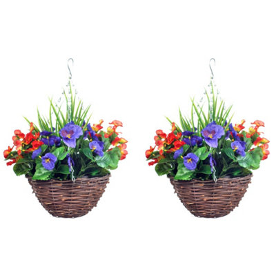 Best Artificial Pair Of 30Cm 10 Inch Lilac & Flame Red Pansy Flower With Rattan Wicker Hanging Baskets For Indoor Outdoor Garden Use from B&Q