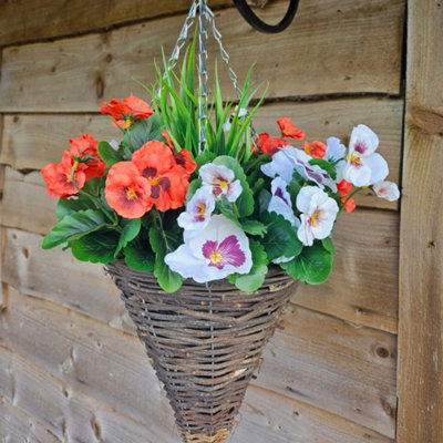 Best Artificial Pair Of 30Cm 10 Inch Red & White Pansy Flower With Rattan Wicker Cone Hanging Baskets For Indoor Outdoor Garden Use from B&Q