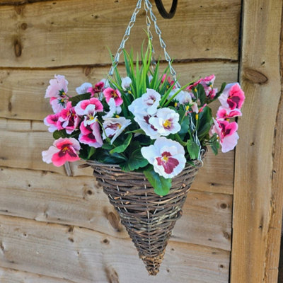 Best Artificial Pair Of 30Cm 10 Inch Pink & White Pansy Flower With Rattan Wicker Cone Hanging Baskets For Indoor Outdoor Garden Use from B&Q