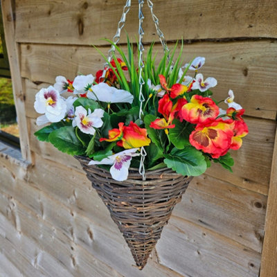 Best Artificial Pair Of 30Cm 10 Inch Flame Red & White Pansy Flower With Rattan Wicker Cone Hanging Baskets For Indoor Outdoor Garden Use from B&Q