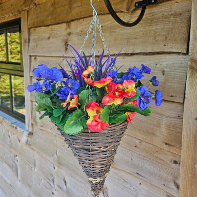Best Artificial Pair Of 30Cm 10 Inch Lilac & Flame Red Pansy Flower With Rattan Wicker Cone Hanging Baskets For Indoor Outdoor Garden Use from B&Q