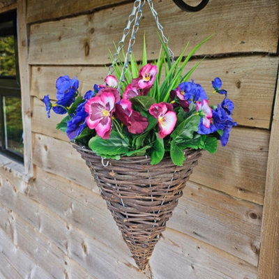 Best Artificial Pair Of 30Cm 10 Inch Plum & Lilac Pansy Flower With Rattan Wicker Cone Hanging Baskets For Indoor Outdoor Garden Use from B&Q