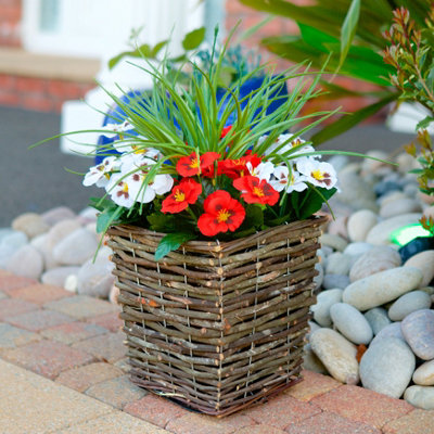 Best Artificial Pre-Made 44Cm/17In Red & White Pansy Flowers In Rattan Wicker Planter PotSuitable For Outside Use from B&Q