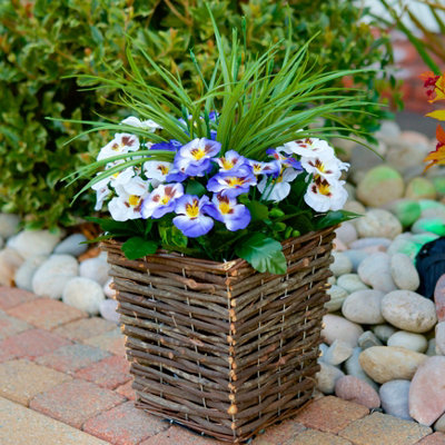 Best Artificial Pre-Made 44Cm/17In Blue & White Pansy Flowers In Rattan Wicker Planter PotSuitable For Outside Use from B&Q