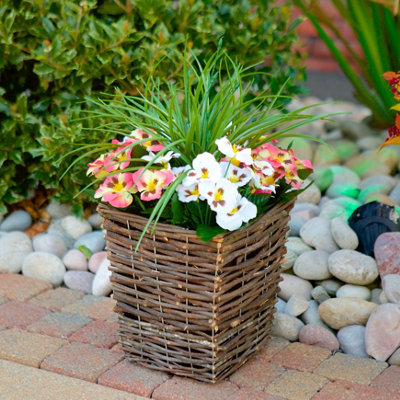 Best Artificial Pre-Made 44Cm/17In Peach & White Pansy Flowers In Rattan Wicker Planter PotSuitable For Outside Use from B&Q