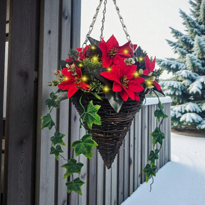 Best Artificial Red Poinsettia Flower Christmas Decoration Hanging Cone Basket With LightsSuitable For Outdoor Use from B&Q