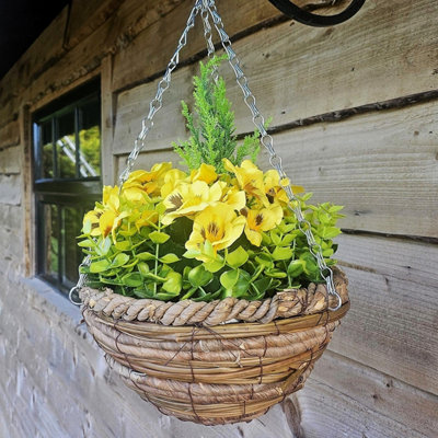 Best Artificial 10 Inch Yellow Pansy Spring Hanging Basket With Greenery And Conifer Centre from B&Q