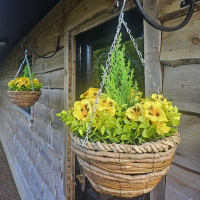 Pair Of Best Artificial 10 Inch Yellow Pansy Spring Hanging Basket With Greenery And Conifer Centre from B&Q
