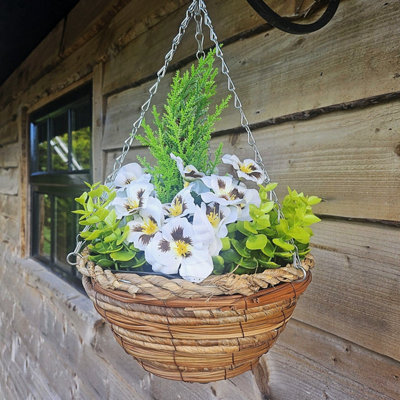 Best Artificial 10 Inch White Pansy Spring Hanging Basket With Greenery And Conifer Centre from B&Q