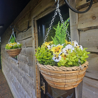 Pair Of Best Artificial 10 Inch Yellow & White Pansy Spring Hanging Basket With Greenery And Conifer Centre from B&Q