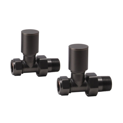 Fnx Bathrooms Round Straight Manual Radiator Valve Set15mm X 1/2" BspBrushed Gunmetal Finish from B&Q