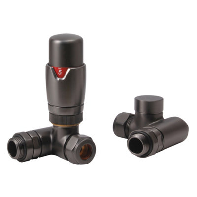 Fnx Bathrooms Dual Fuel Thermostatic Radiator Valve SetBrushed Gunmetal Corner Trv1/2" X 15mm Compression from B&Q