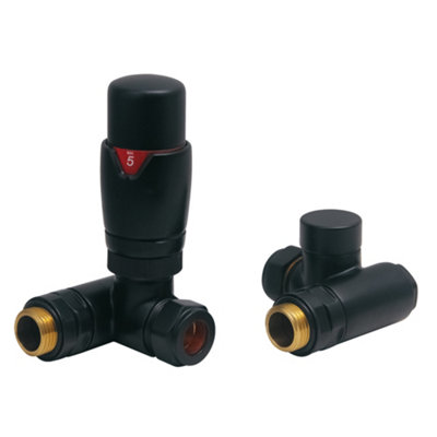 FNX Bathrooms Fnx Black Corner Dual Fuel Thermostatic Radiator Valve Set 1/2" X 15mm Trv For Radiators & Towel Warmers from B&Q