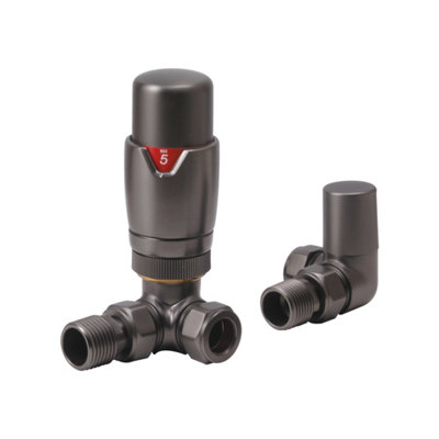 FNX Bathrooms Fnx Gunmetal Corner Thermostatic Radiator Valve & Lockshield15mm X 1/2"BrassBrushed Finish from B&Q