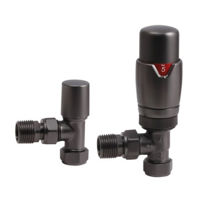 FNX Bathrooms Gunmetal Angled Thermostatic Radiator Valve & Lockshield Set15mm X 1/2" Bsp Connection from B&Q