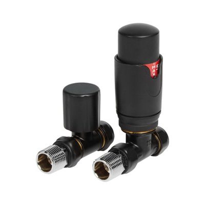 Fnx Bathrooms Black Thermostatic Radiator Valve (Trv) With LockshieldStraight 15mm X 1/2" Bsp For Diy Heating from B&Q