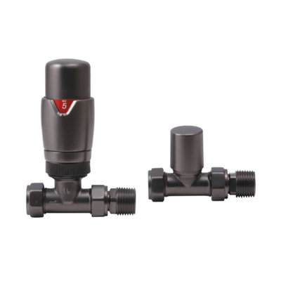 FNX Bathrooms Premium Gunmetal Thermostatic Radiator Valve (Trv) With LockshieldStraight 15mm Pipe X 1/2" Bsp Connection from B&Q