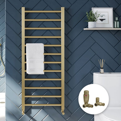 FNX Bathrooms Fnx 500 X 1200mm Brushed Brass Ladder Towel Radiator With Corner Thermostatic Valves from B&Q