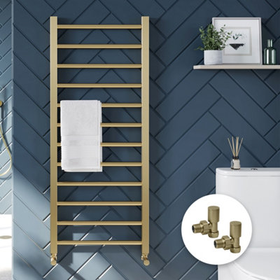 Fnx Bathrooms Brushed Brass 500X800mm Vertical Heated Towel Rail & Angled Valves from B&Q