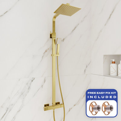 FNX Bathrooms Fnx Brushed Brass Modern Square Thermostatic Exposed Mixer Shower Kit With Dual Overhead & Handset from B&Q