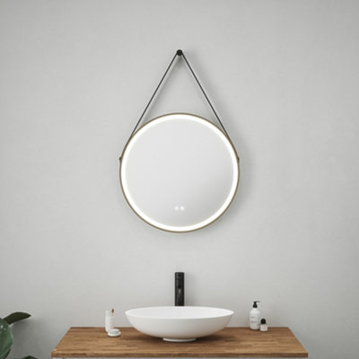 FNX Bathrooms Valletta 600mm Round Led Bathroom Mirror With Tunable LightDemister & Chic Black Leather Strap from B&Q