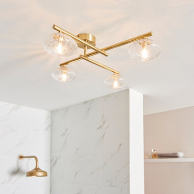 FNX Bathrooms Linear Satin Brass Ip44 Bathroom Ceiling Light With Ribbed Glass Shades & G9 Holders from B&Q