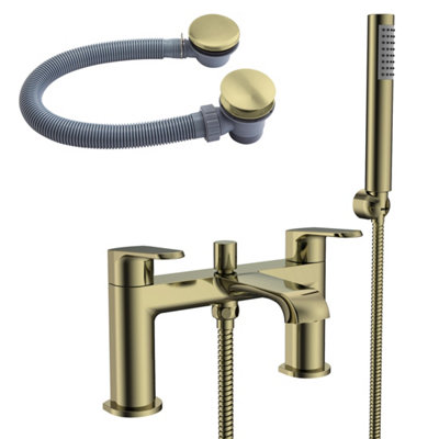 Fnx Bathrooms Lunaris Brushed Brass Deck-Mounted Bath Shower Mixer Tap & Waste Kit from B&Q