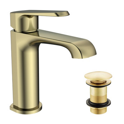 Fnx Bathrooms Lunaris Modern Brushed Brass Mono Basin Mixer Tap & Unslotted Waste from B&Q