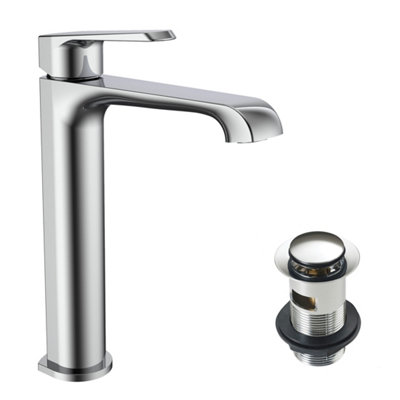 FNX Bathrooms Lunaris Premium Chrome Tall Mono Basin Mixer Tap & Slotted Waste For Deck Mounting from B&Q