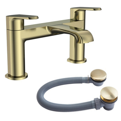 FNX Bathrooms Lunaris Brushed Brass Deck Mounted Bath Filler Mixer Tap With Matching Waste from B&Q