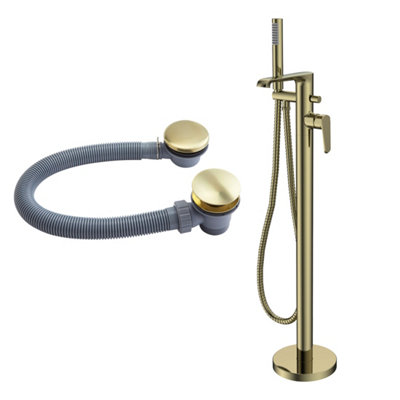 FNX Bathrooms Lunaris Luxury Brushed Brass Freestanding Bath Shower Mixer Tap & Waste Set from B&Q
