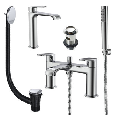 FNX Bathrooms Fnx Lunaris Chrome Bath Shower Mixer & Tall Mono Basin Tap Set With Matching Wastes from B&Q