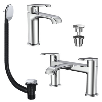 Fnx Bathrooms Lunaris Chrome Bath Filler & Mono Basin Mixer Tap Set With WastesModern Deck Mounted Bathroom Taps from B&Q