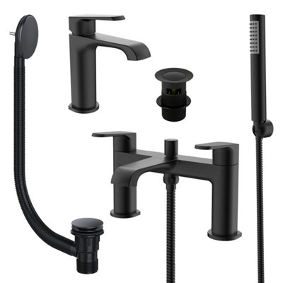 FNX Bathrooms Lunaris Matt Black Bath Shower & Mono Basin Mixer Tap Set With Wastes from B&Q