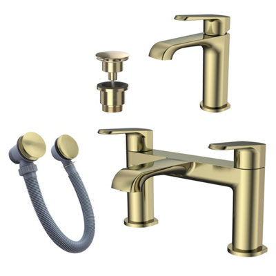 FNX Bathrooms Lunaris Brushed Brass Bath Filler & Mini Mono Basin Mixer Tap Set With Matching Wastes from B&Q