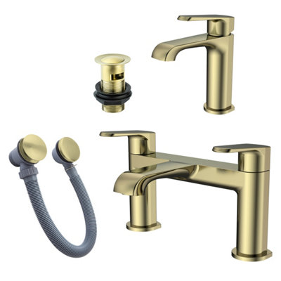 FNX Bathrooms Lunaris Brushed Brass Bath Filler & Mini Basin Mixer Tap Set With Wastes from B&Q