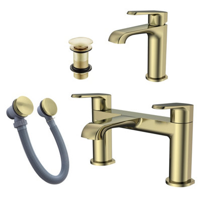 FNX Bathrooms Lunaris Brushed Brass Bath Filler & Mini Mono Basin Mixer Tap Set With Matching Wastes from B&Q
