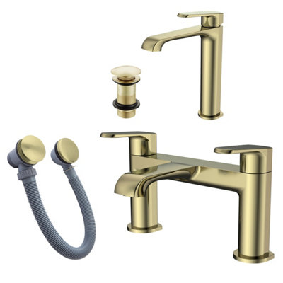 FNX Bathrooms Lunaris Brushed Brass Bath Filler & Tall Mono Basin Mixer Taps With Bath & Unslotted Basin Wastes from B&Q