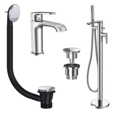 FNX Bathrooms Lunaris Chrome Freestanding Bath Shower Mixer & Mono Basin Tap Set With Wastes from B&Q