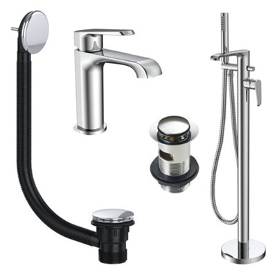 FNX Bathrooms Lunaris Chrome Freestanding Bath Shower Mixer & Deck-Mounted Basin Tap Set With Matching Wastes from B&Q